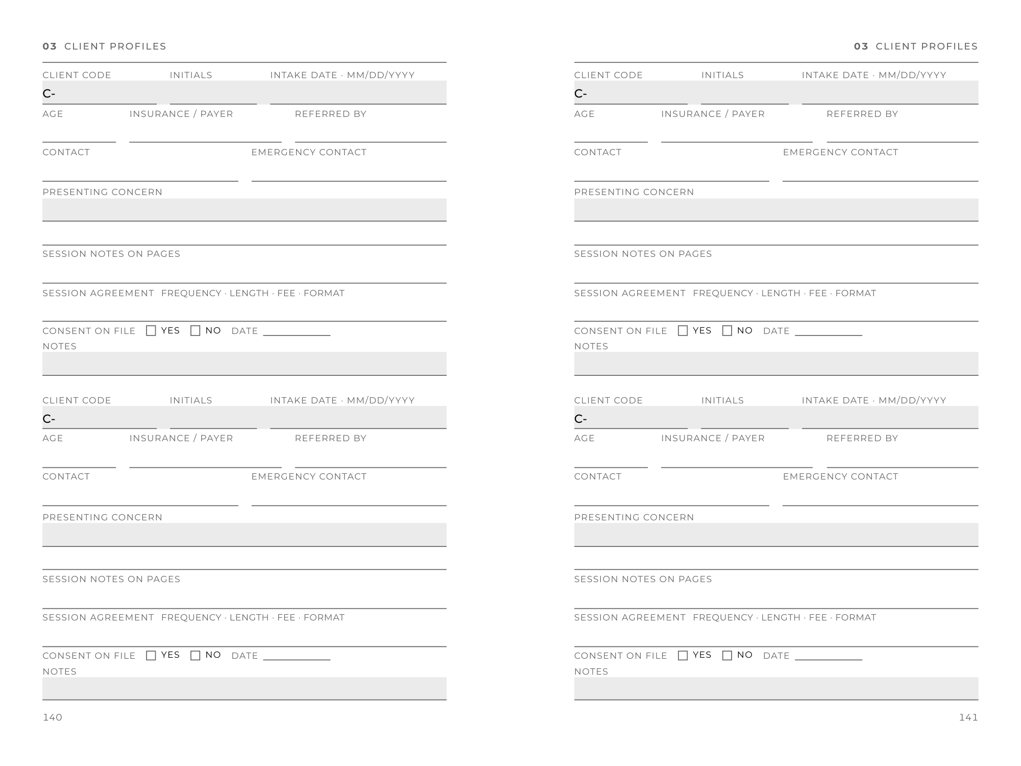 Client profiles spread, pages 140 and 141: four profiles, two per page, each with client code, initials, intake date, age, insurance or payer, referred by, contact, emergency contact, presenting concern, the pages where session notes start, session agreement, and consent on file.