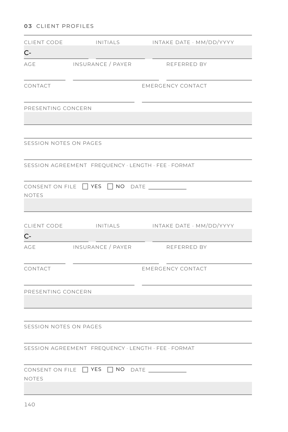 Client profiles page, page 140: two profiles, each with client code, initials, intake date, age, insurance or payer, referred by, contact, emergency contact, presenting concern, the pages where session notes start, session agreement, and consent on file.