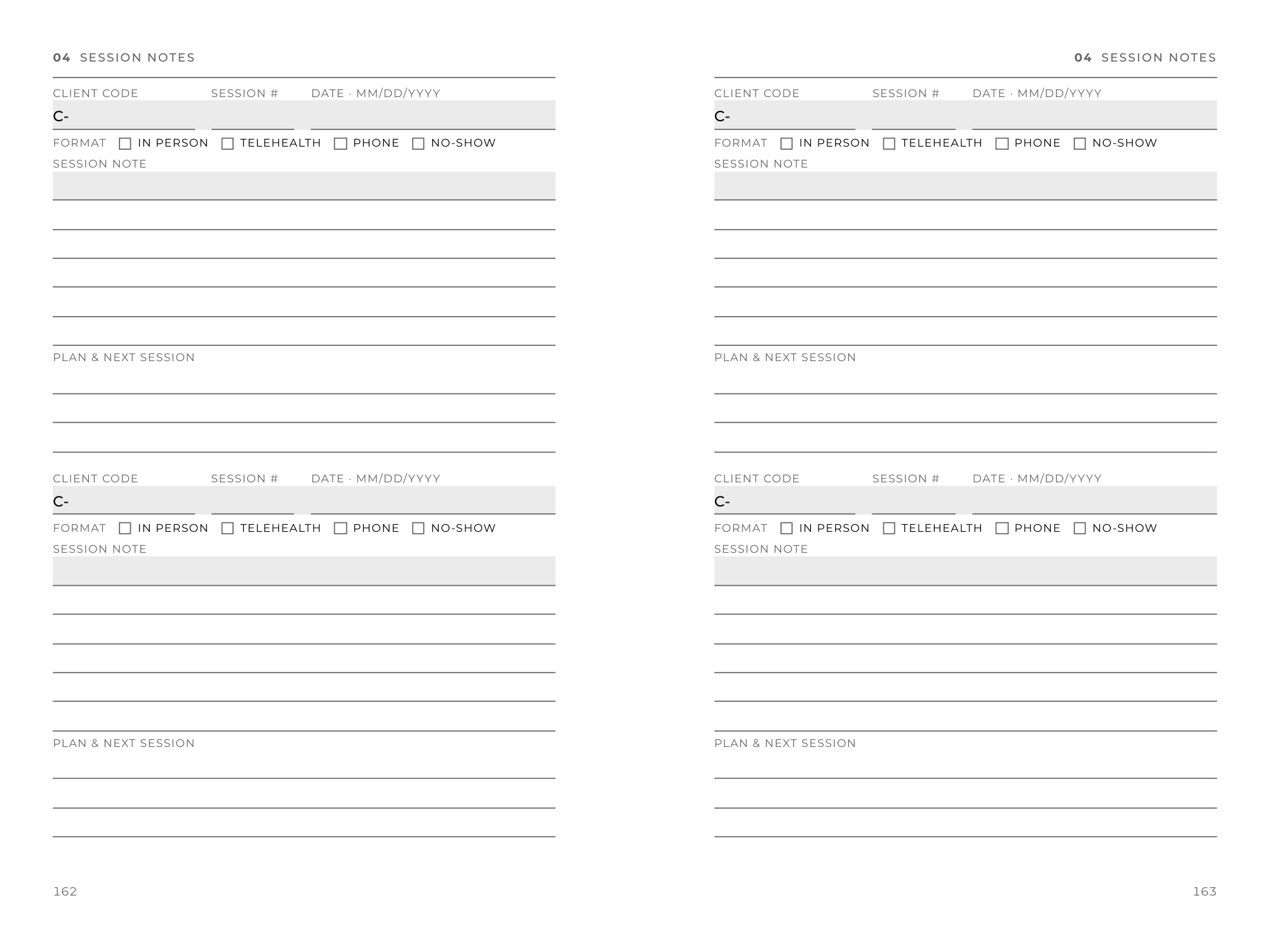 Session notes spread, pages 162 and 163: four notes, two per page, each with client code, session number, date, format checkboxes for in person, telehealth, phone, or no-show, lines for the session note, and lines for the plan and next session.