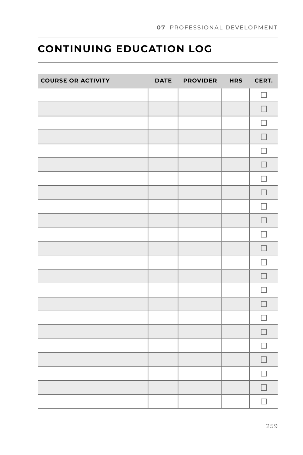 Continuing education log, page 259: a table with course or activity, date, provider, hours, and a checkbox for each certificate.